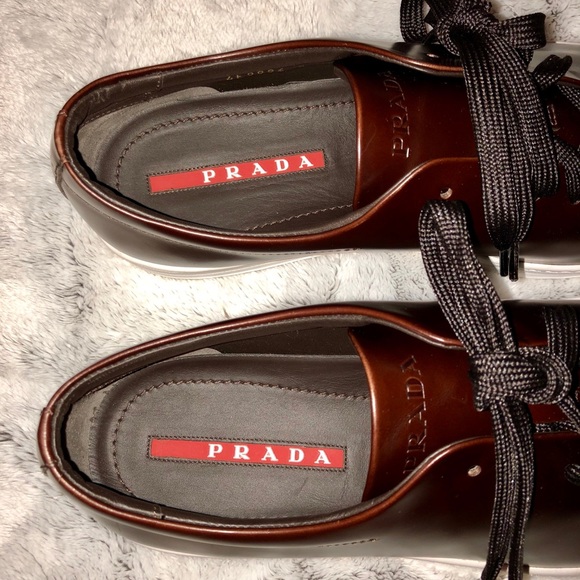 Prada Luxury Brown Leather Sneakers Contrast Sole - Picture 3 of 8